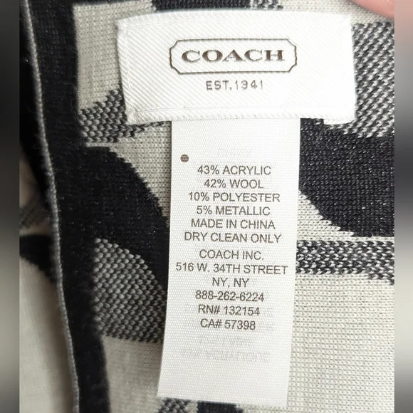 Coach Signature Black White Gray Wool Blend Knit Scarf Shawl - Picture 4 of 7